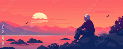 Create a thoughtful illustration of an elderly person gazing at a sunset, reflecting on a lifetime of memories and experiences. Vector flat minimalistic isolated illustration.