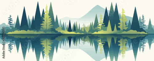 Create a serene lake surrounded by a pine forest reflected in the water. Vector flat minimalistic isolated illustration.