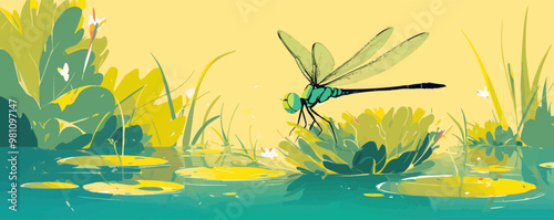 Dragonfly nymph emerging from its aquatic habitat, Vector flat minimalistic isolated illustration