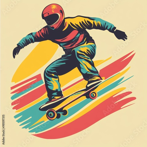 Retro Skateboarder in Action with Colorful Abstract Background photo