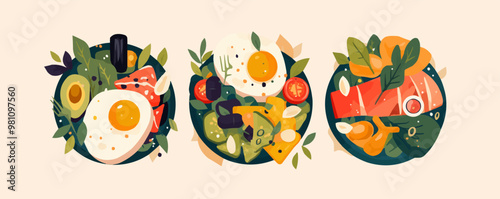 Design a visual comparison of popular diet trends, such as keto, paleo, and vegan diets, highlighting their key principles and potential benefits Vector flat minimalistic isolated illustration.