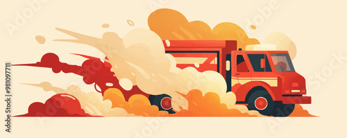 Design a firetruck rushing through smoke towards a burning area. Vector flat minimalistic isolated illustration.