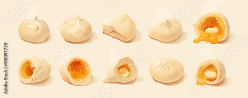 Design a cross-section view of pelmeni dumplings, highlighting the layers of dough and filling inside, with steam rising to evoke their warmth Vector flat minimalistic isolated illustration
