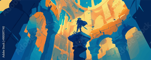 Design an illustration of a brave adventurer solving puzzles in a mysterious temple. Vector flat minimalistic isolated illustration.