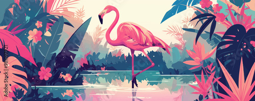 Elegant flamingo in a serene pond setting. Vector flat minimalistic isolated illustration.