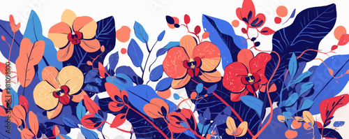 Design an illustration of a tropical orchid with intricate patterns and vibrant colors. Vector flat minimalistic isolated illustration