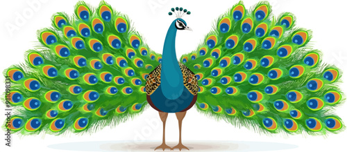Elegant peacock displaying its feathers, Vector flat minimalistic isolated illustration -