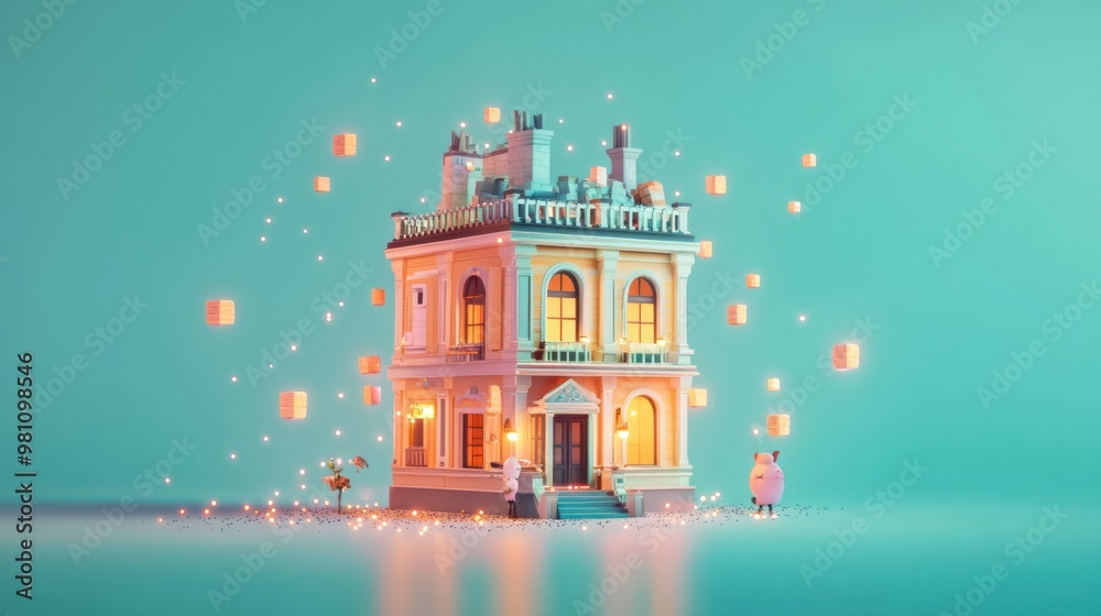 A whimsical miniature house illuminated with warm lights and surrounded by glowing cubes. A whimsical miniature house illuminated with warm lights and surrounded by glowing cubes.