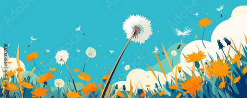 Dandelion puffball on a sunny day, Vector flat minimalistic isolated illustration