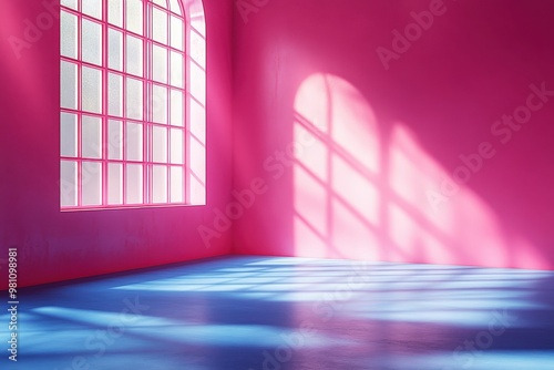 Pink and Blue Room with Sunlight  A minimalist interior design concept featuring a vibrant pink wall and a bright blue floor with sunlight streaming through a large arched window  casting long shadows