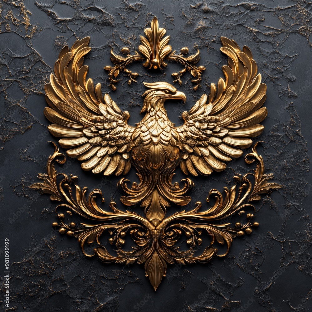 Golden Eagle Crest with Floral Design on Black Background Golden Eagle Crest with Floral Design on Black Background