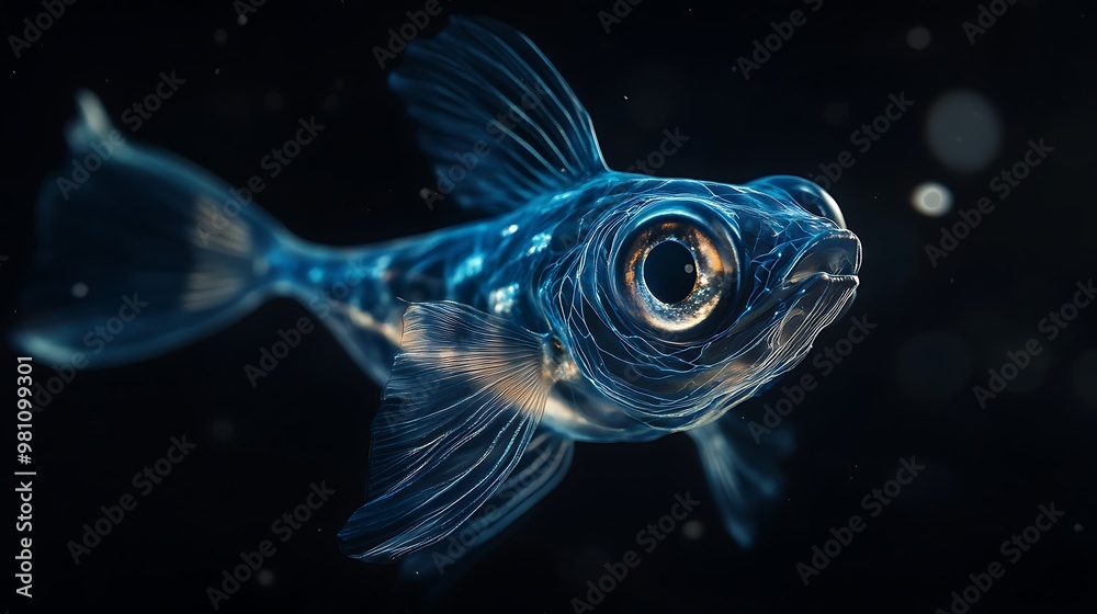 A close-up of a translucent blue fish with a large eye, swimming in a dark, watery environment. A close-up of a translucent blue fish with a large eye, swimming in a dark, watery environment.