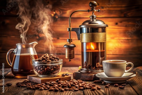 Artisanal coffee making setup featuring a French press, coffee grinder, freshly ground beans, and a steaming cup, showcasing the meticulous brewing process in warm, golden tones. photo