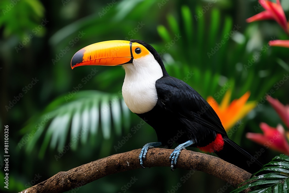 Fototapeta premium Amazon Forest toucan resting on a branch, surrounded by vibrant tropical flora