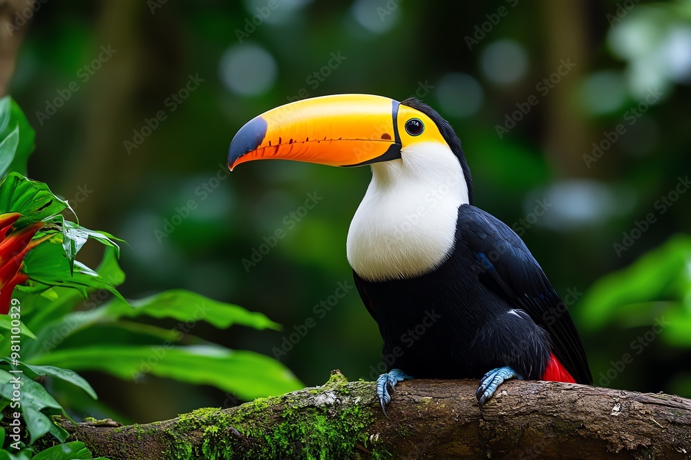 Amazon Forest toucan resting on a branch, surrounded by vibrant tropical flora Amazon Forest toucan resting on a branch, surrounded by vibrant tropical flora