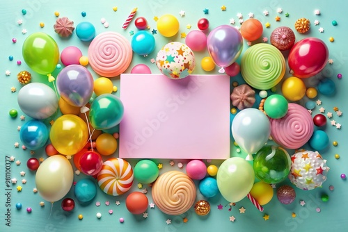 Vibrant balloons and colorful sweets surround a blank banner on a pastel-hued background, creating a festive and inviting atmosphere for a celebratory birthday setup. photo