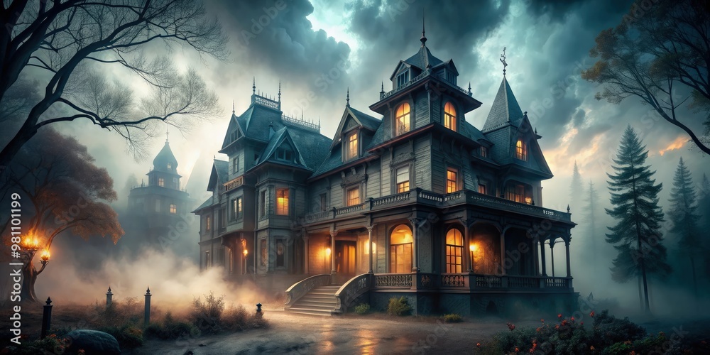 Eerie mist surrounds a haunted mansion, creating a spooky atmosphere perfect for Halloween photoshoots and tours Eerie mist surrounds a haunted mansion, creating a spooky atmosphere perfect for Halloween photoshoots and tours