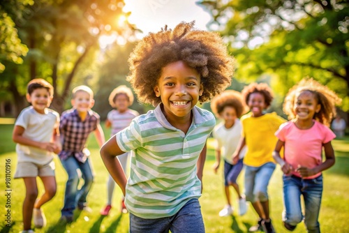 happy children playing together outdoors in a green park while laughing and having fun Diversity and joy can be seen in the expressions of the kids as they enjoy the day