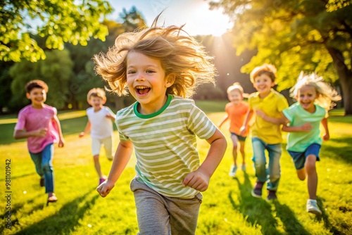 young children run happily through a grassy park on a bright sunny day they are full of energy and smiles enjoying their time outdoors in a playful and carefree manner friendship activity