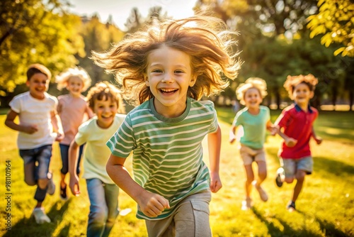 Happy european children enjoying a sunny day outdoors running and playing in a park with friends The kids are smiling and having fun showcasing the joy of youthful innocence and outdoor activities