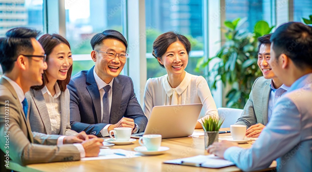 Asian business team in a bright modern office engaged in a meeting with laptops documents and coffee cups on the table Everyone smiling and focusing on the discussion Asian business team in a bright modern office engaged in a meeting with laptops documents and coffee cups on the table Everyone smiling and focusing on the discussion