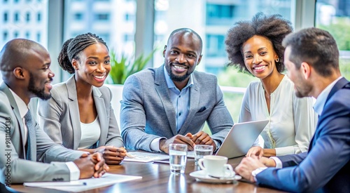 diverse business team in formal attire sitting and discussing a project in a modern meeting room individuals are holding documents and digital devices