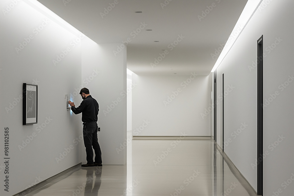 Gallery worker installing artwork on the wall in a minimalist modern art exhibition space, adjusting lighting and preparing for an upcoming show Gallery worker installing artwork on the wall in a minimalist modern art exhibition space, adjusting lighting and preparing for an upcoming show