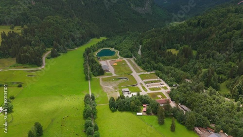 Oberstdorf, Germany cross country stadium aerial view in summer. Nordic Zentrum Oberstdorf Allgau top view. Drone view of ski stadium. Luftaufnahme einer Skistation in Deutschland, Bayern.  photo