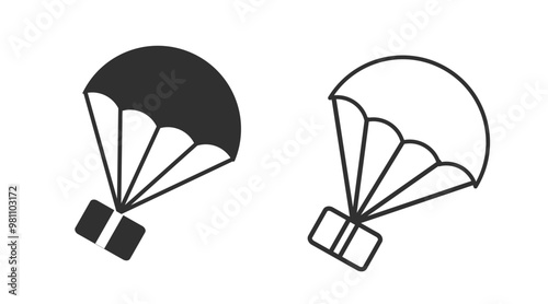 Order parcel box delivery line stroke sign or gift present drop shipping icon via parachute vector simple solid glyph pictogram graphic set, postal mail carton product package symbol airdrop image
