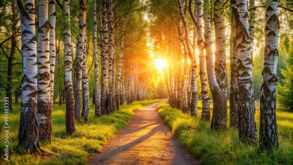 Obraz premium Sunset casts a warm glow on a serene pathway through a summer birch grove