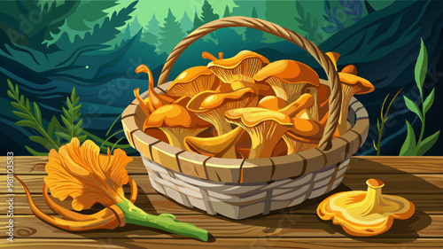 chanterelle mushrooms lying in a wicker basket on a rustic table. 