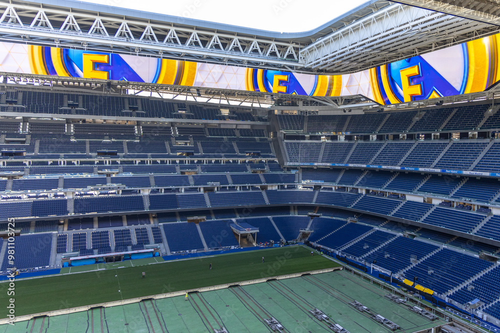 Interior view of the Santiago Bernabéu Stadium, showcasing the seating
