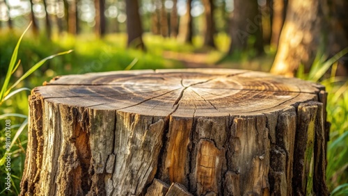 Close up photo of a weathered stub log showcasing detailed wooden texture