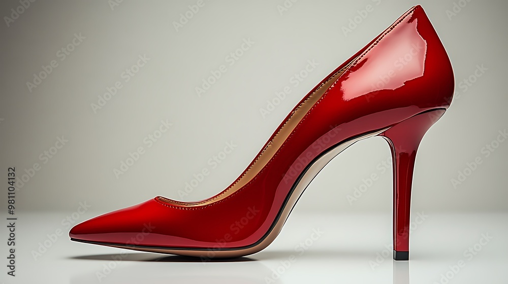 A single red high-heeled shoe with a pointed toe, isolated on a white background. A single red high-heeled shoe with a pointed toe, isolated on a white background.