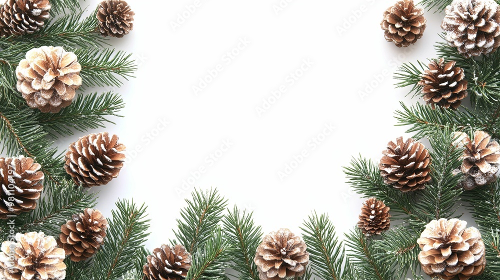 Snowy Pine Cones and Evergreen Branches Framing a White Background