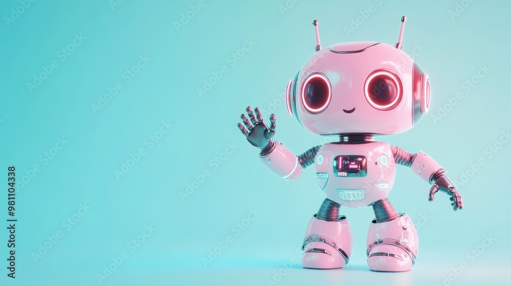 A cute pink robot with glowing eyes and antennas, waving in a pastel background.