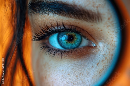 closeup of a vibrant green eye reflected in a handheld mirror showcasing eyelash extensions orange background adds a pop of contrasting color creating a striking beauty and fashionfocused image photo