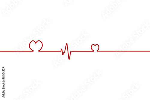 Heart pulse one line red cardiogram sign vector heartbeat, cardiogram in the form of pulsation of two hearts.