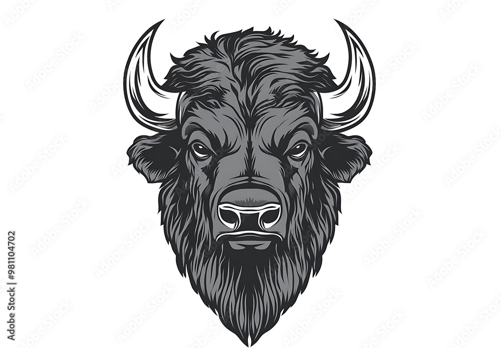 Fototapeta premium A black and white illustration of a bison head with a fierce expression.