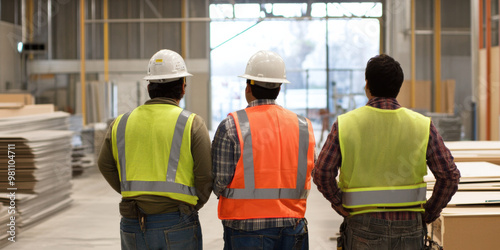 Workers assess adequacy of labor resources on site, wearing safety gear including helmets and vests. Their focus on workspace reflects commitment to safety and efficiency photo