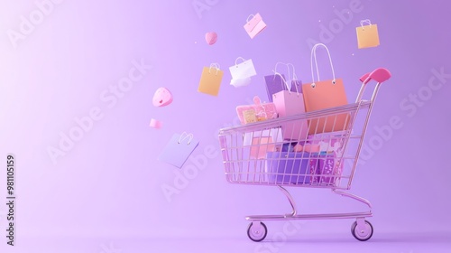 A shopping cart filled with colorful bags and floating items against a pastel background.