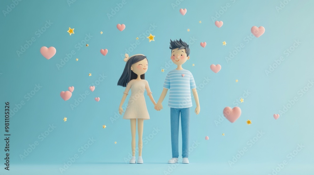 A cute animated couple holding hands surrounded by hearts and stars, symbolizing love. A cute animated couple holding hands surrounded by hearts and stars, symbolizing love.