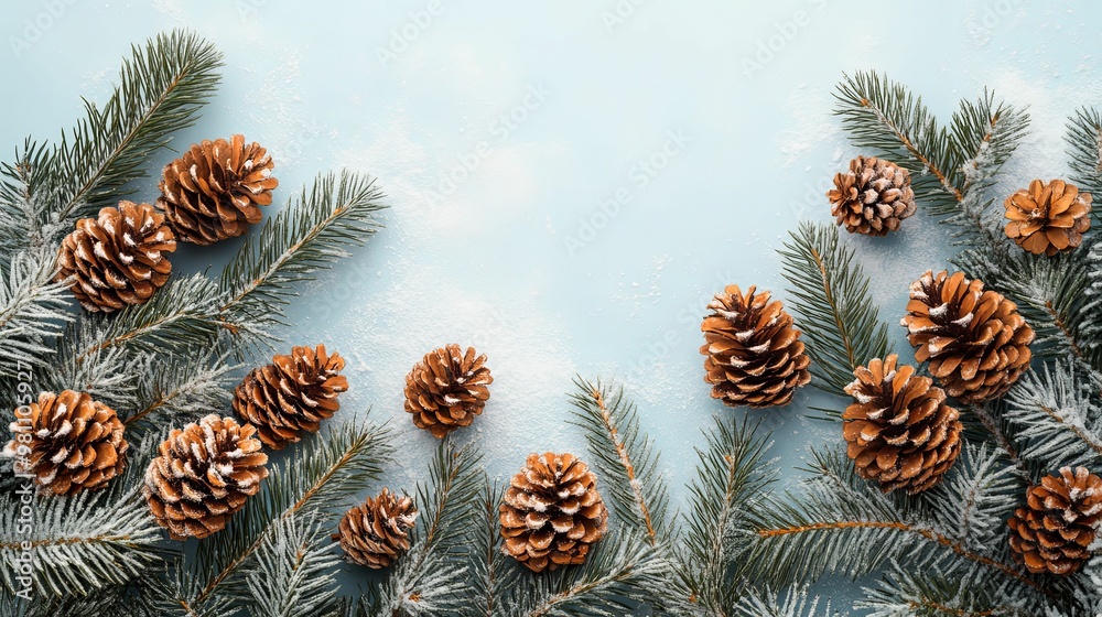 Pine Cones and Branches on a Snowy Blue Background Pine Cones and Branches on a Snowy Blue Background