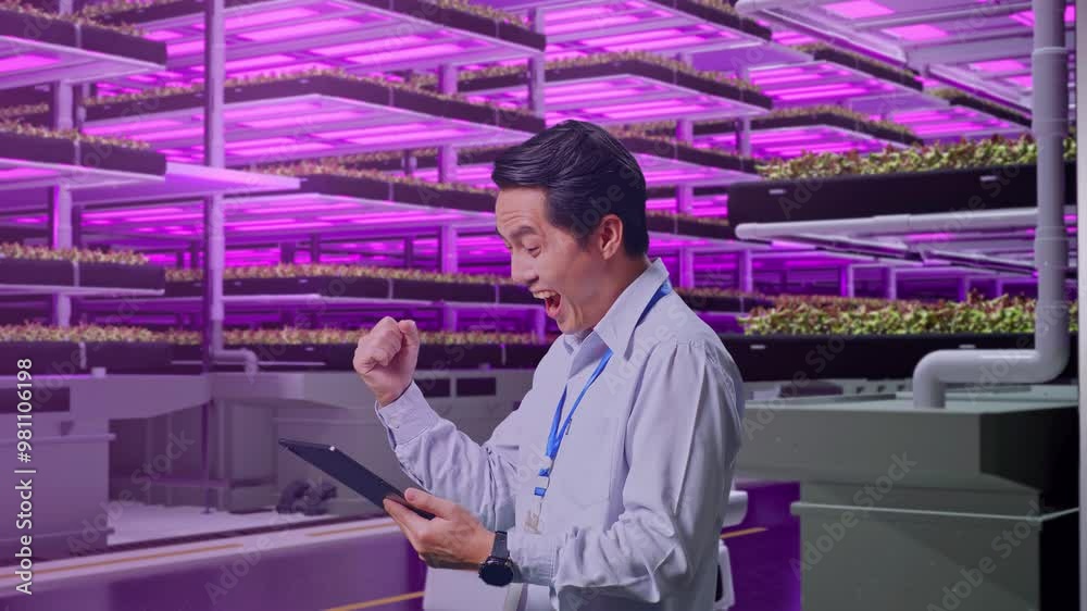 Side View Of An Asian Male Professional Worker Standing With His Tablet In Vertical Farm, High-tech Industrial Facility, He Raises His Fist Up With Screaming Goal After Check On The Tablet Side View Of An Asian Male Professional Worker Standing With His Tablet In Vertical Farm, High-tech Industrial Facility, He Raises His Fist Up With Screaming Goal After Check On The Tablet