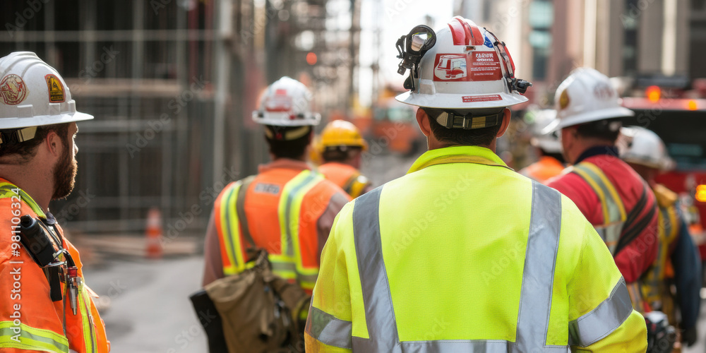 Construction workers in safety gear gather at job site, showcasing teamwork and dedication to safety. Their bright uniforms highlight importance of visibility in construction environments Construction workers in safety gear gather at job site, showcasing teamwork and dedication to safety. Their bright uniforms highlight importance of visibility in construction environments