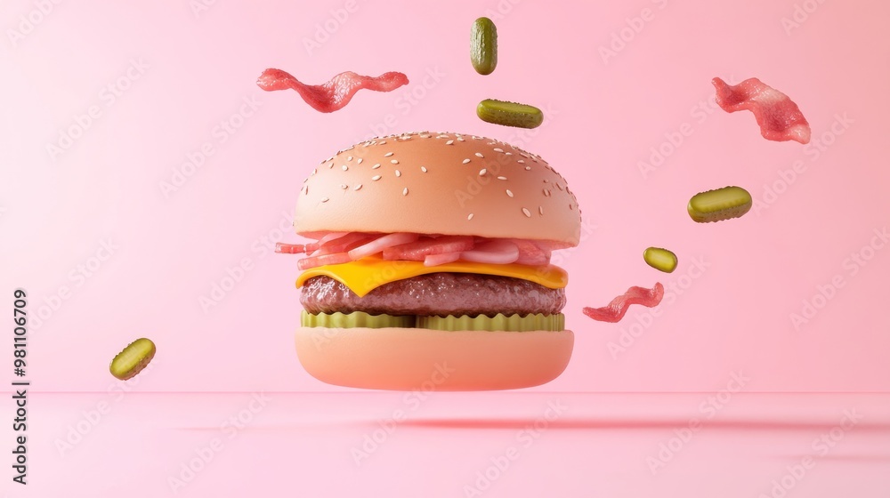 A floating hamburger with bacon, cheese, and pickles against a pink background. A floating hamburger with bacon, cheese, and pickles against a pink background.