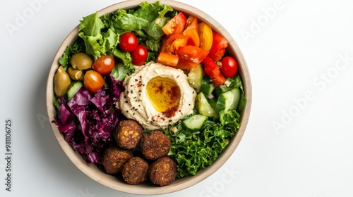 A vibrant bowl of fresh salad topped with hummus, colorful vegetables, olives, and falafel, perfect for a healthy meal.