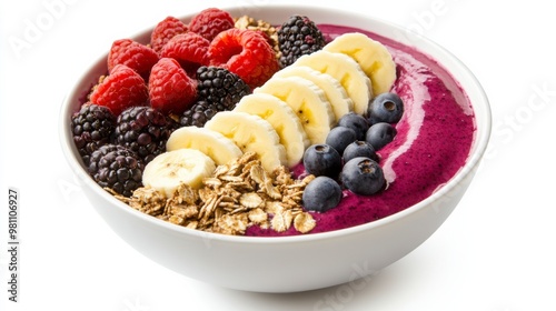 A vibrant smoothie bowl topped with fresh fruits, granola, and a drizzle of yogurt, perfect for a healthy breakfast option.