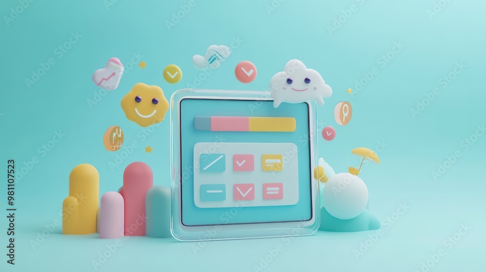 A colorful 3D illustration of a digital interface with playful icons and elements. A colorful 3D illustration of a digital interface with playful icons and elements.