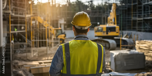 A construction engineer inspects work site, wearing safety helmet and reflective vest. scene captures heavy machinery and scaffolding, highlighting busy construction environment